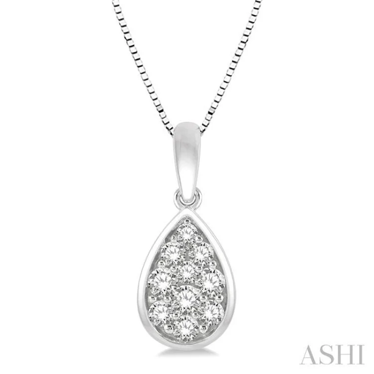 necklaces with pink sapphire -1/3 Ctw Pear Shape Round Cut Diamond Cluster Pendant With Chain in 14K White Gold