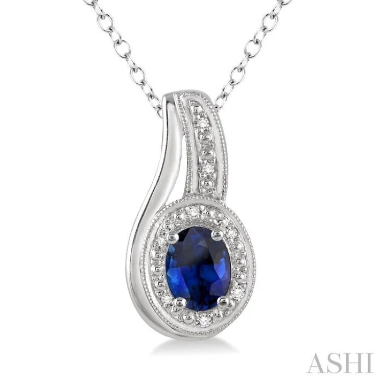 necklaces with gold plating -6x4 MM Oval Cut Sapphire and 1/50 Ctw Round Cut Diamond Pendant in Sterling Silver with Chain