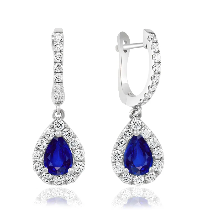 Ladies sapphire stud earrings -14K White Gold Pear Gemstone & Diamond Dangle Huggie Earrings