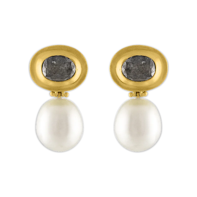 Dainty diamond earrings for women -Black Diamond and South Sea Pearl Masona Hinge Earrings