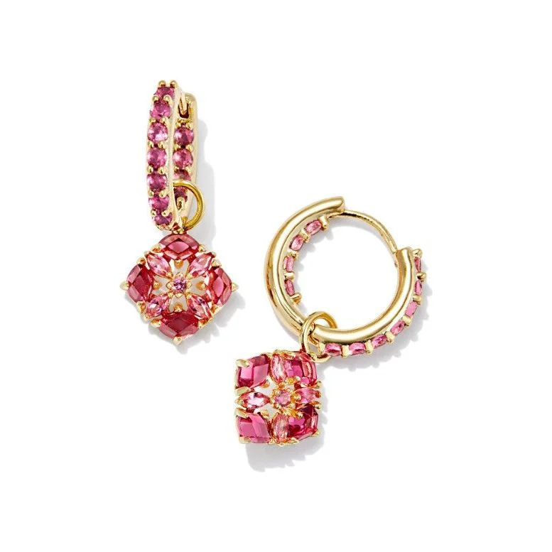 Ladies handmade earrings -Kendra Scott Gold Dira Huggies in Pink Crystal