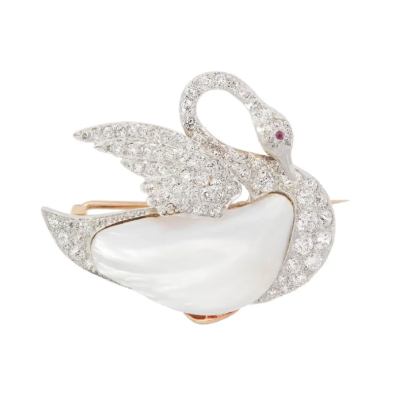 Ladies crystal engagement rings -Edwardian 18k/Platinum Diamond, Pearl, and Ruby Swan Pin