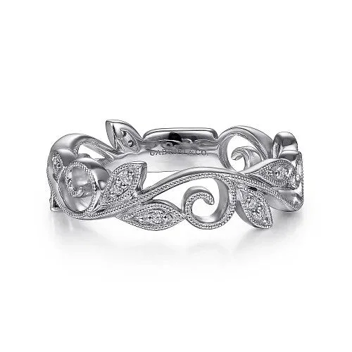 Chunky engagement rings for ladies -14K White Gold Scrolling Floral Diamond Stackable Ring