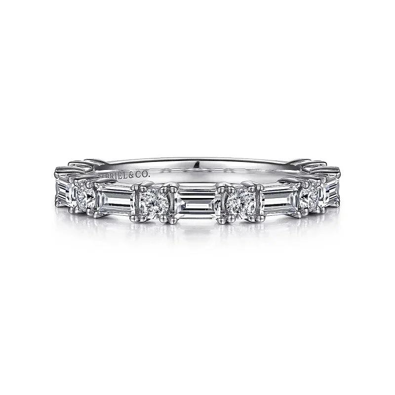 Simple solitaire engagement rings for ladies -Aggie - 14K White Gold Baguette and Round Diamond Anniversary Band - 0.99 ct