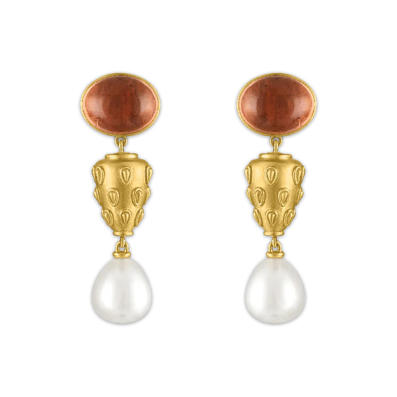 Dainty diamond earrings for women -Blush Tourmaline and South Sea Pearl Caulis Drop Earrings