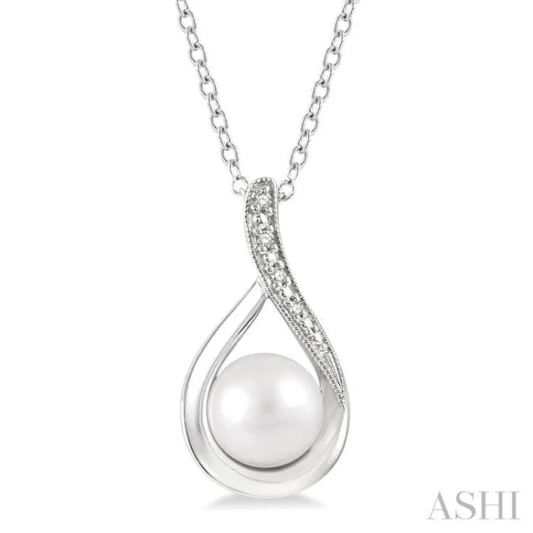 necklaces affordable luxury -1/50 Ctw Drop Shape Round Cut Diamond & 7x7MM Cultured Pearl Pendant With Chain in Sterling Silver