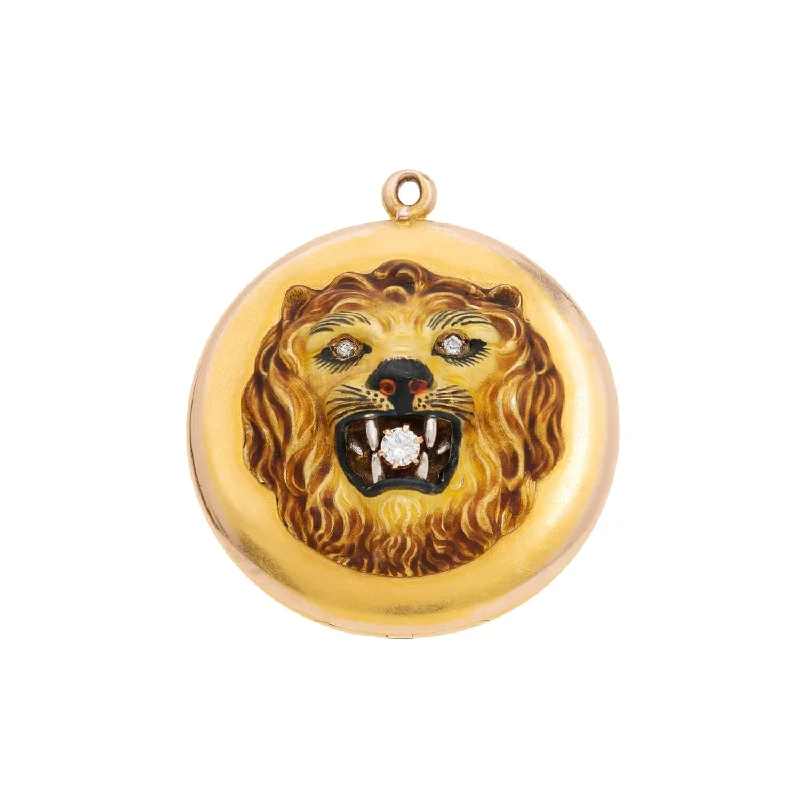 Ladies ruby engagement rings -Victorian 14kt Diamond & Enamel Lion Locket