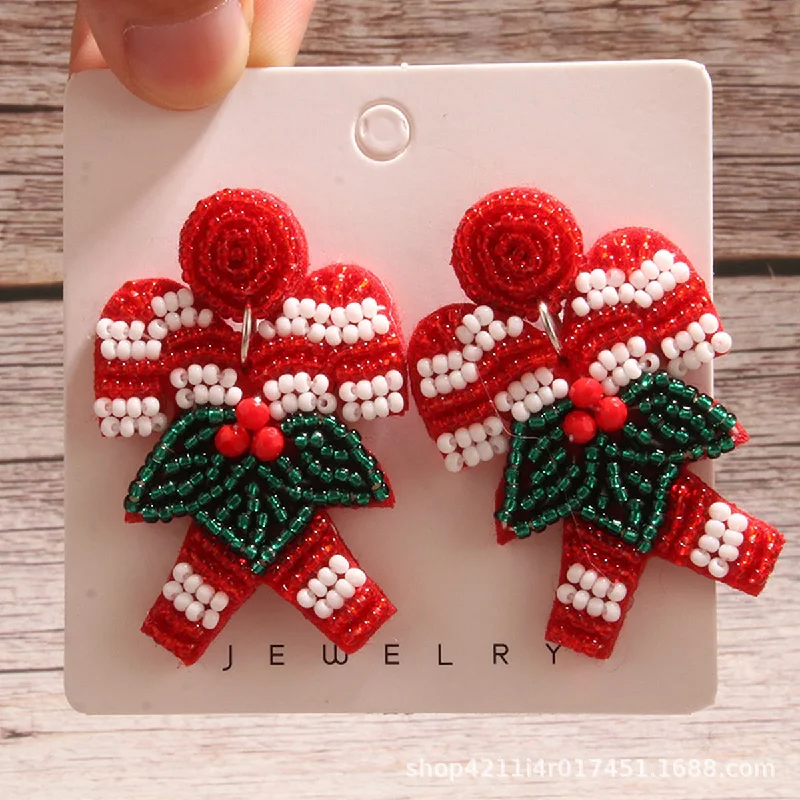 Bead Christmas Style Crutch Ear Studs Earrings