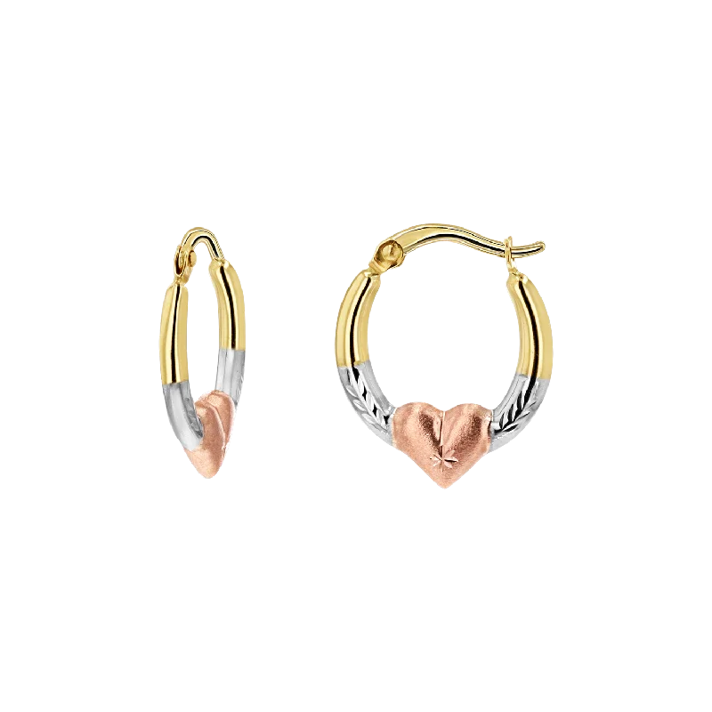 Ladies rose quartz earrings -Tri-Color Puff Heart Hoop Earrings