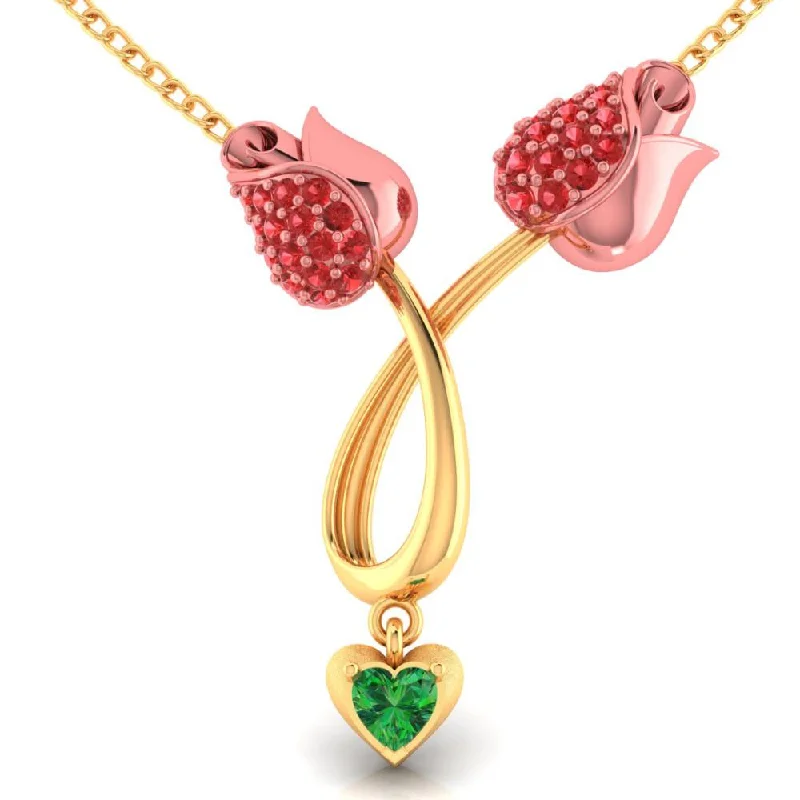 necklaces for casual chic -14k Gold Necklace With Stone-studded Double Tulips And A Heart Drop