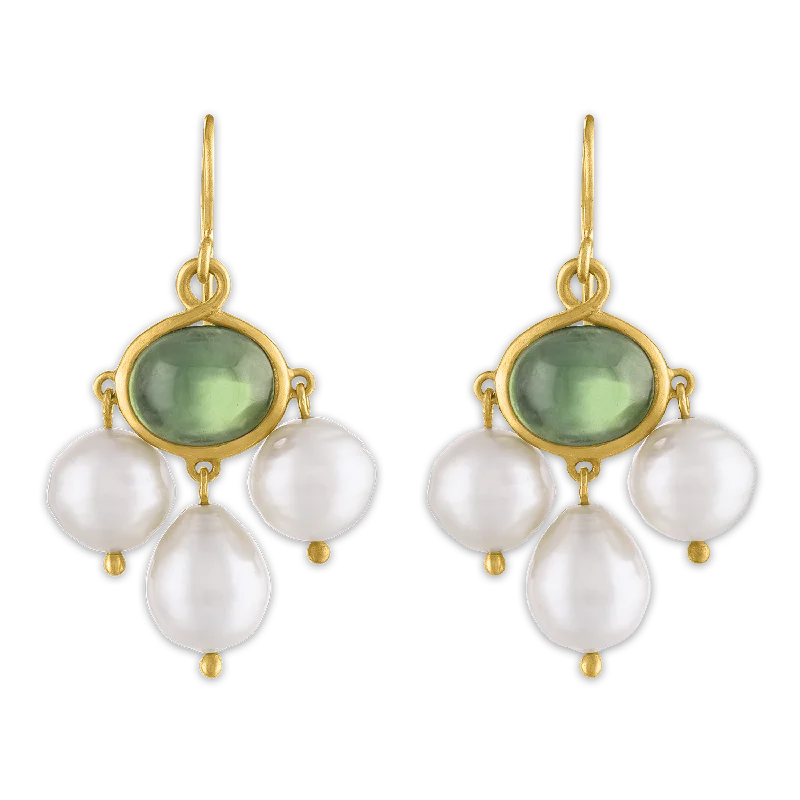 Ladies retro style earrings -Green Tourmaline and Golden South Sea Pearl Unda Hook Earrings