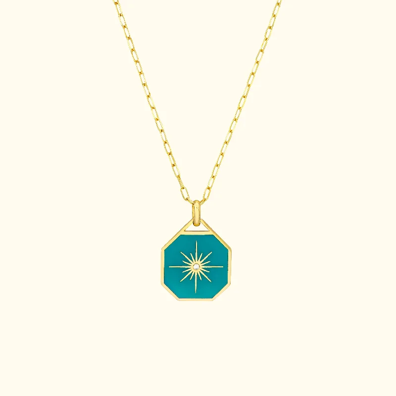 necklaces boho chic vibe -Teal Enamel Star Octagon Medallion Necklace