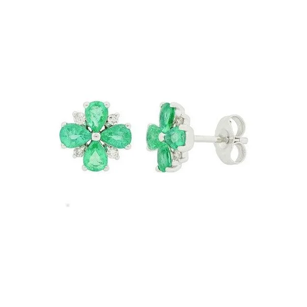 Ladies onyx earrings -14K White Gold Emerald & Diamond Floral Studs