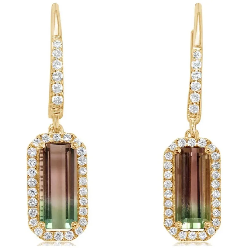 Ladies pearl drop earrings -14K Gold Watermelon Tourmaline & Diamond Halo Dangle Earrings