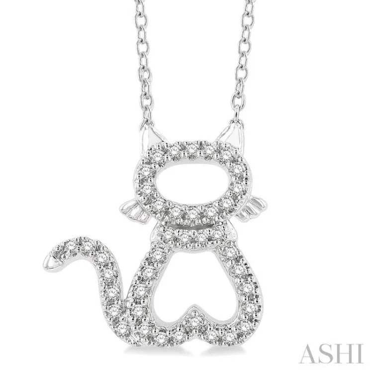 necklaces with sun pendant -1/6 Ctw Cat Shape Petite Round Cut Diamond Fashion Pendant With Chain in 10K White Gold