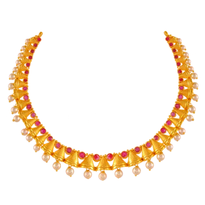 necklaces with topaz blue -22k Gold Necklace For New Brides With Pearl & Red Stones