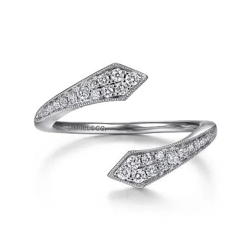 Minimalist engagement rings for women -14K White Gold Diamond Pave Bypass Open Ring