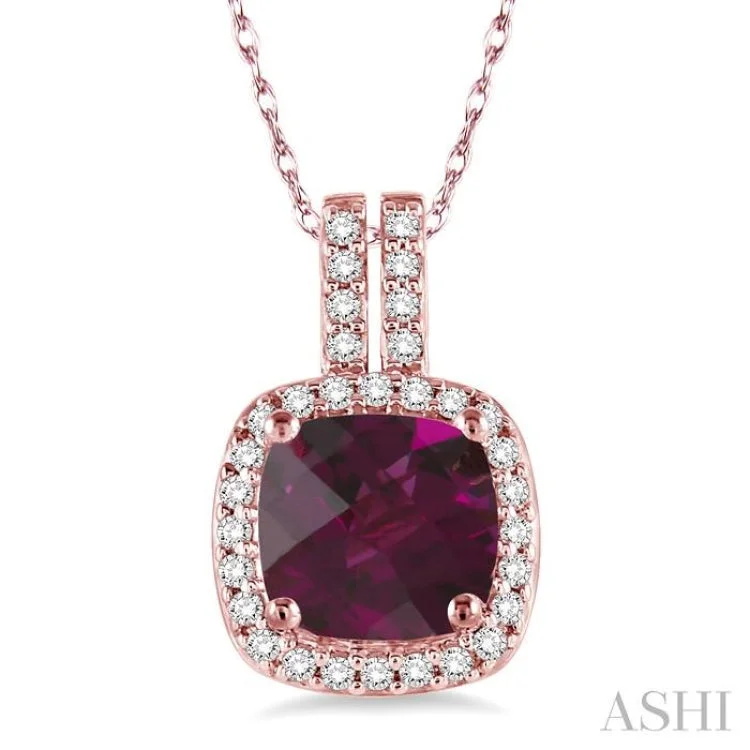 necklaces for evening wear -7x7 mm Cushion Cut Rhodolite Garnet and 1/5 Ctw Round Cut Diamond Pendant in 14K Rose Gold with Chain