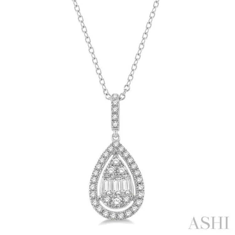 necklaces with silver pendant -1/3 Ctw Pear Shape Halo Baguette and Round Cut Diamond Fusion Pendant With Chain in 14K White Gold