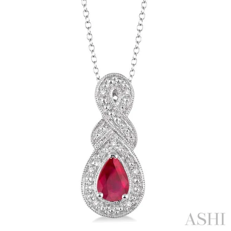 necklaces for young women -6x4 MM Pear Shape Ruby and 1/50 Ctw Round Cut Diamond Pendant in Sterling Silver with Chain