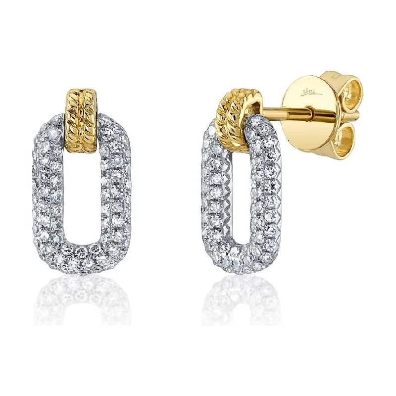 Ladies geometric hoop earrings -14K White & Yellow Gold Diamond Paperclip Stud Earrings