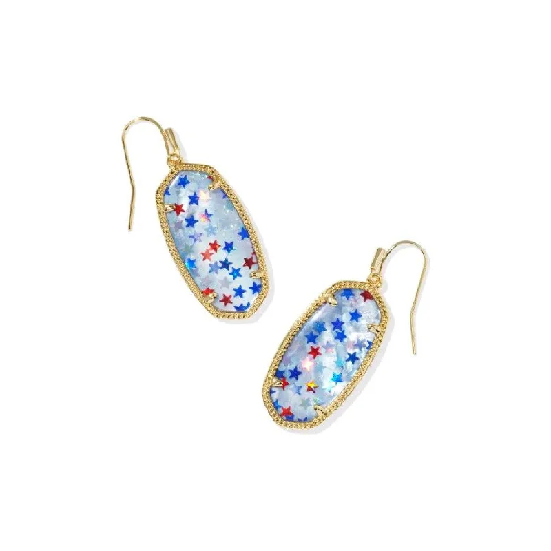 Ladies gemstone dangle earrings -Kendra Scott Elle Gold Drop Earrings in Red White & Blue Illusion