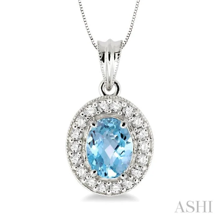 necklaces for birthday gift -8x6mm Oval Cut Aquamarine and 1/3 Ctw Round Cut Diamond Pendant in 14K White Gold with Chain