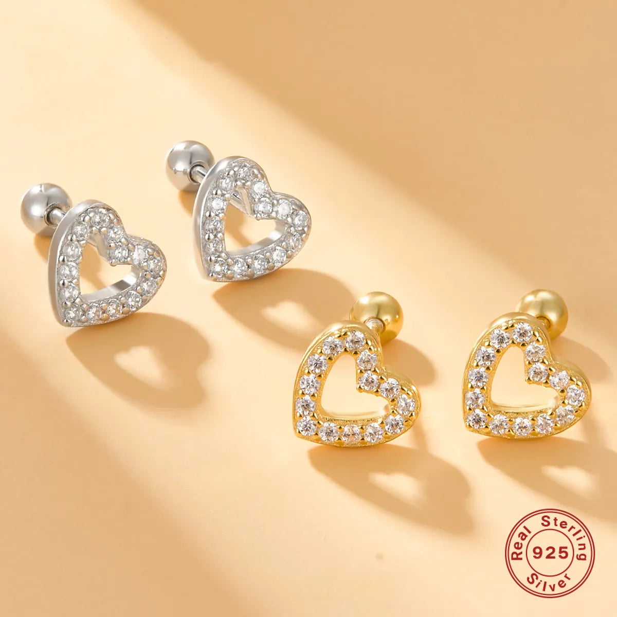 Delicate chain earrings for women -1 Pair Simple Style Commute Heart Shape Plating Inlay Sterling Silver Zircon 18k Gold Plated White Gold Plated Ear Studs