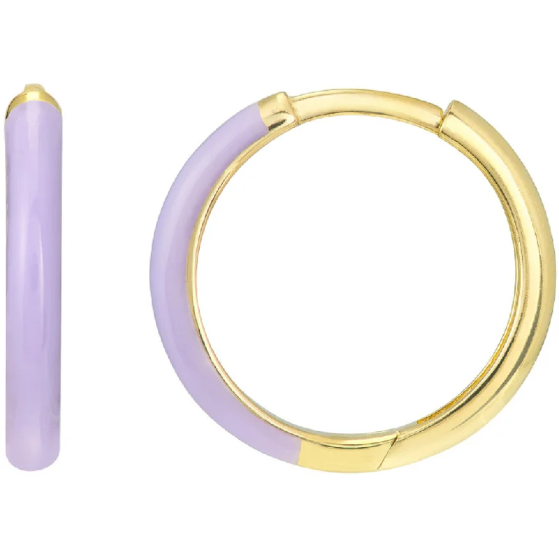 Ladies oversized hoop earrings -14K Yellow Gold & Lilac Enamel Huggie Hoop Earrings