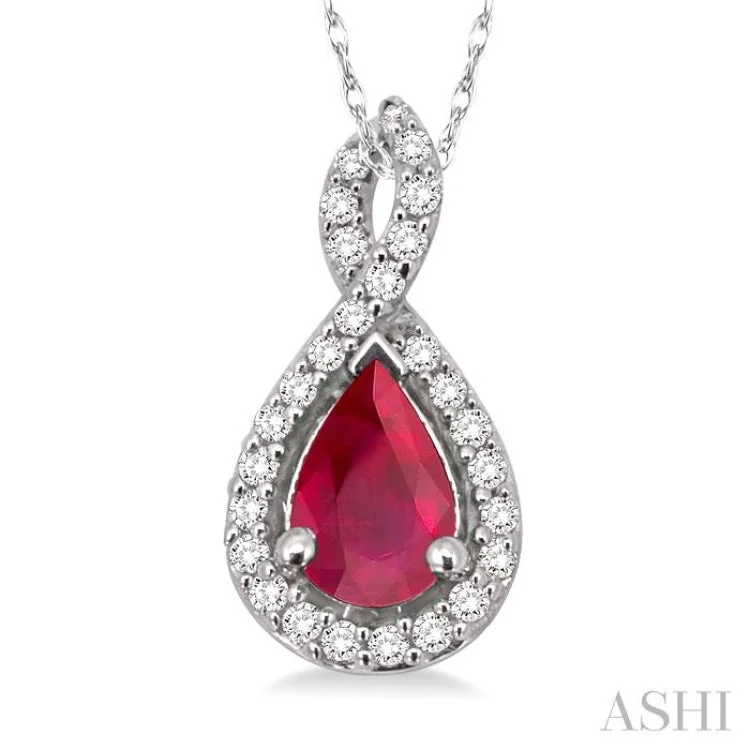 necklaces with diamond accent -6x4MM Pear Shape Ruby and 1/10 Ctw Round Cut Diamond Pendant in 14K White Gold with Chain