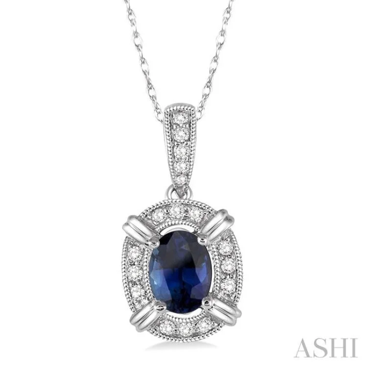 necklaces for daily elegance -6x4 MM Oval Cut Sapphire and 1/10 Ctw Single Cut Diamond Pendant in 10K White Gold with Chain