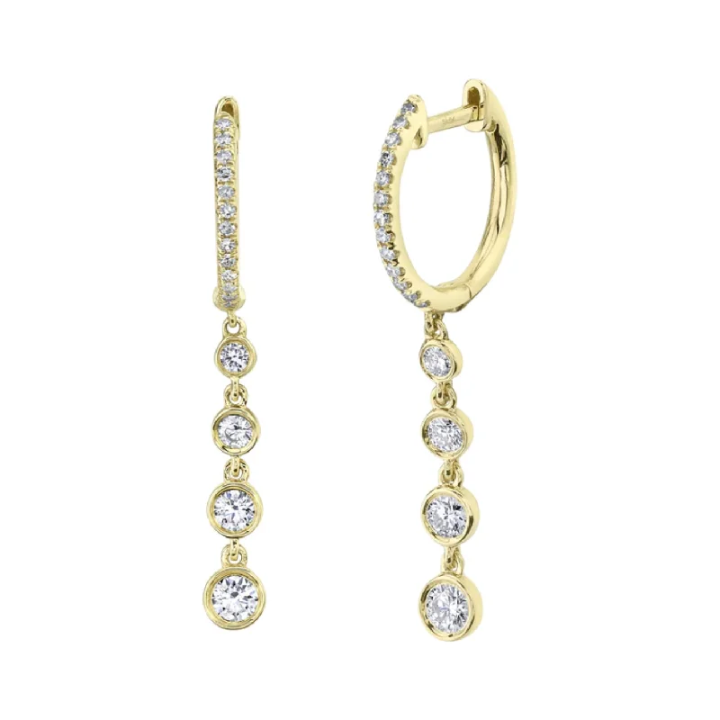 Ladies geometric stud earrings -14K Yellow Gold Diamond Bezel Dangle Huggies