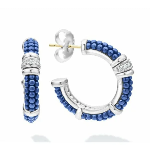 Simple gold stud earrings for women -Lagos Sterling Silver Blue Ultramarine Caviar Diamond Hoop Earrings