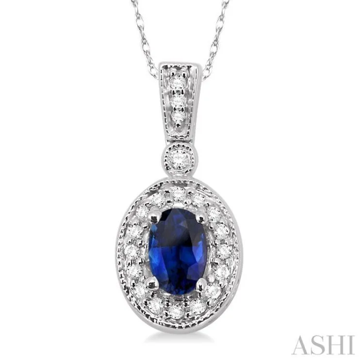 necklaces for teens trendy -6x4mm Oval Cut Sapphire and 1/8 Ctw Round Cut Diamond Pendant in 14K White Gold with Chain