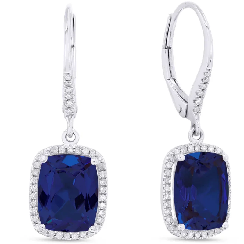 Classic pearl stud earrings for ladies -14K White Gold Cushion Created Blue Sapphire and Diamond Halo Dangle Earrings