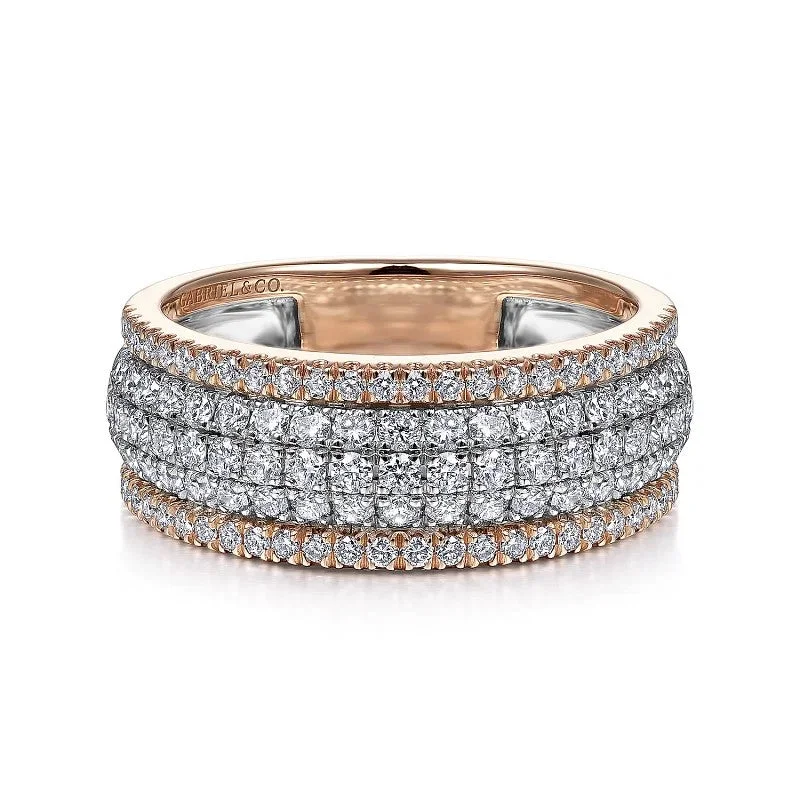 Elegant gold engagement rings for women -14K White-Rose Gold Pave Diamond Wide Band Ring