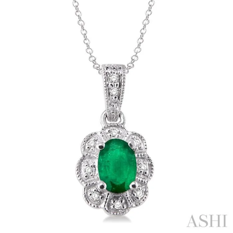 necklaces with lock charm -6x4 mm Oval Cut Emerald and 1/20 ctw Single Cut Diamond Pendant in Sterling Silver with Chain