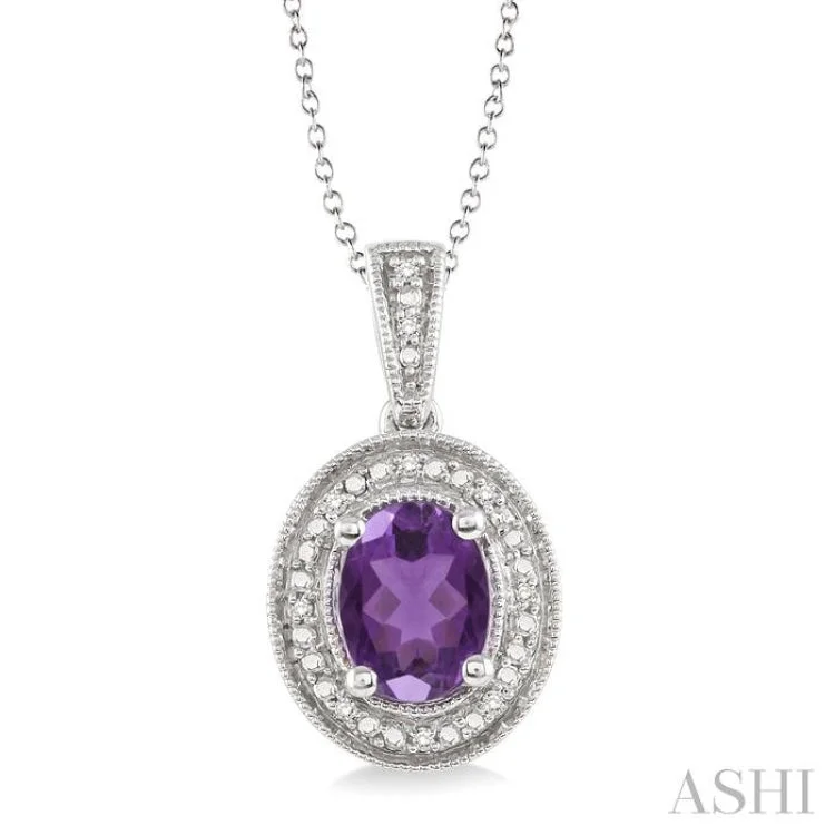 necklaces for couples love -8x6 MM Oval Cut Amethyst and 1/20 Ctw Single Cut Diamond Pendant in Sterling Silver with Chain