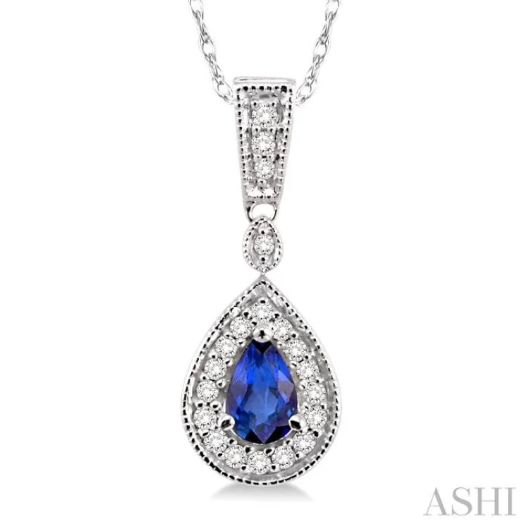 necklaces with amethyst purple -6x4mm Pear Shape Sapphire and 1/6 Ctw Round Cut Diamond Pendant in 14K White Gold with Chain