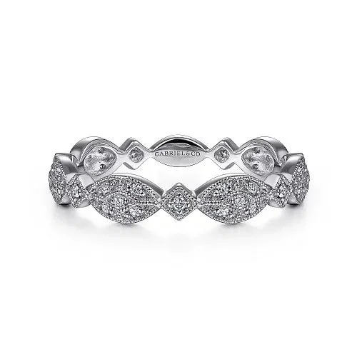 Ladies three-stone engagement rings -14K White Gold Marquise Station Pave Diamond Stackable Ring