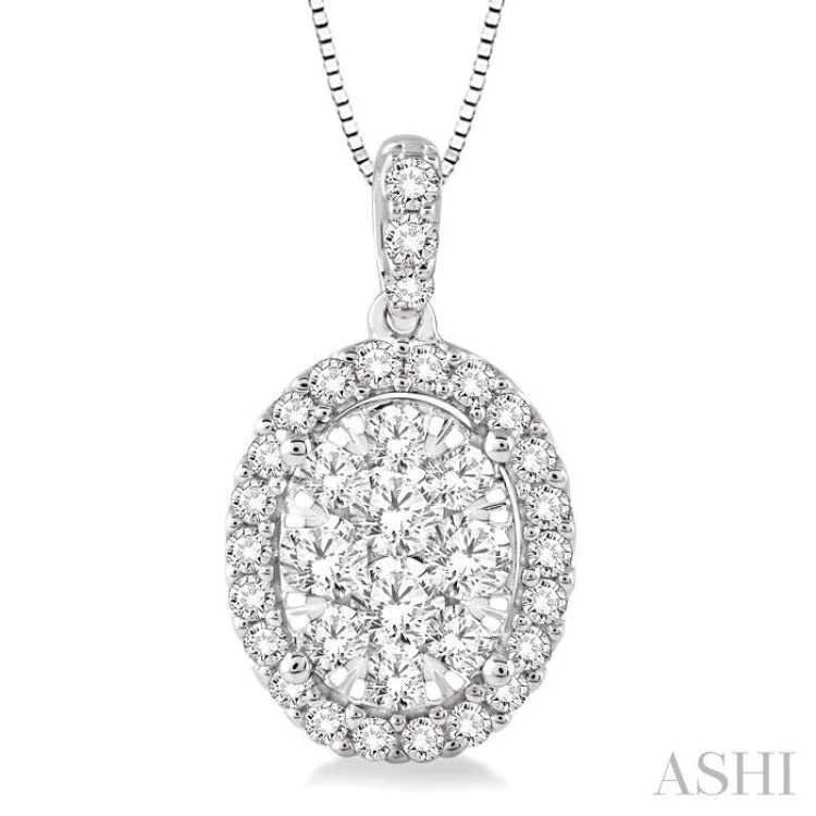 necklaces sleek modern design -1 Ctw Oval Shape Diamond Lovebright Pendant in 14K White Gold with Chain