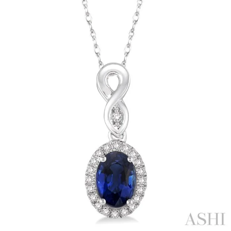 necklaces for evening wear -6x4 MM Oval Cut Sapphire and 1/10 Ctw Round Cut Diamond Pendant in 10K White Gold with Chain