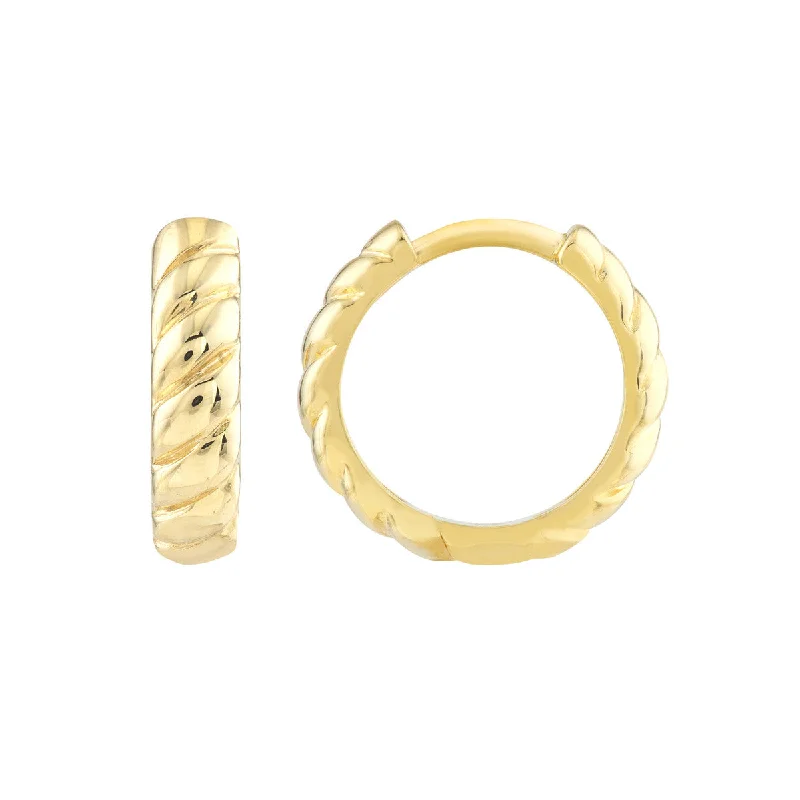 Long tassel earrings for ladies -14K Yellow Gold Ribbed Polished Huggie Hoop Earrings