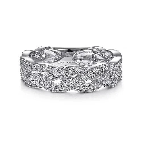 Ladies bold diamond engagement rings -14K White Gold Braided Diamond Stackable Ring