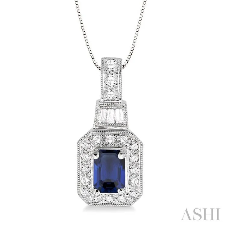 necklaces for party glamour -6x4 MM Octagon Cut Sapphire and 1/4 Ctw Round and Baguette Cut Diamond Pendant in 14K White Gold with Chain