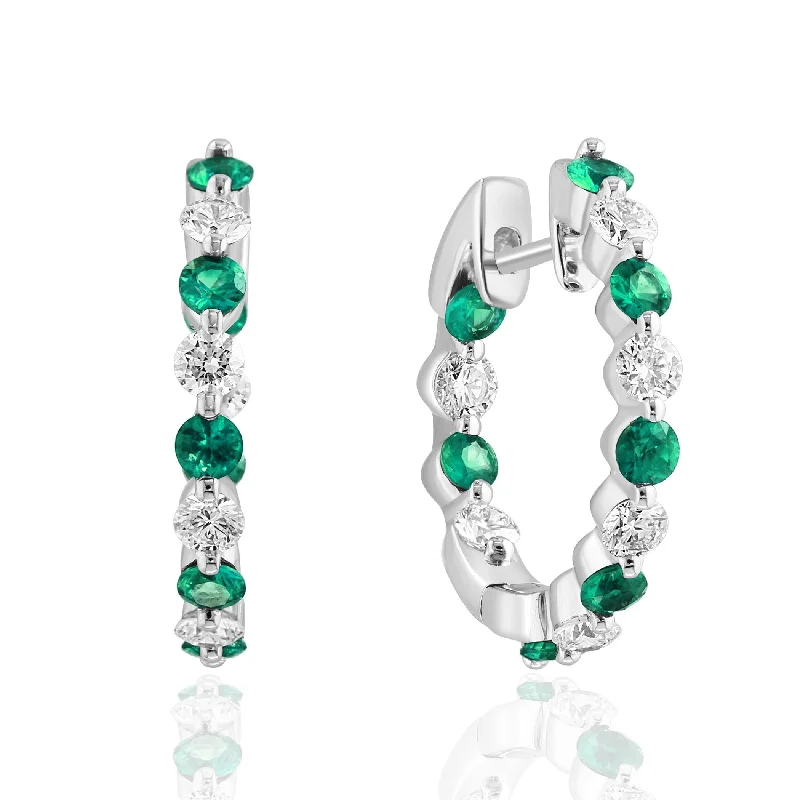 Modern clip-on earrings for women -14K White Gold Alternating Emerald & Diamond Inside Out Hoops