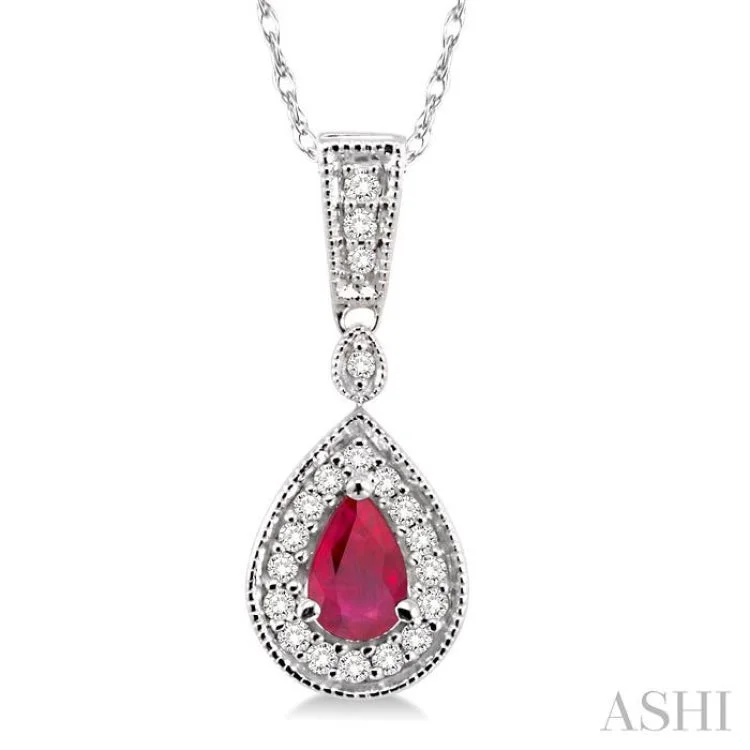 necklaces with moon charm -6x4mm Pear Shape Ruby and 1/6 Ctw Round Cut Diamond Pendant in 14K White Gold with Chain