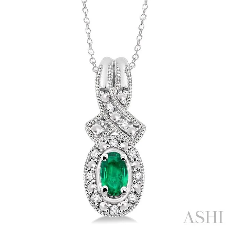 necklaces with shell design -5x3 mm Oval Cut Emerald and 1/50 Ctw Single Cut Diamond Pendant in Sterling Silver with Chain