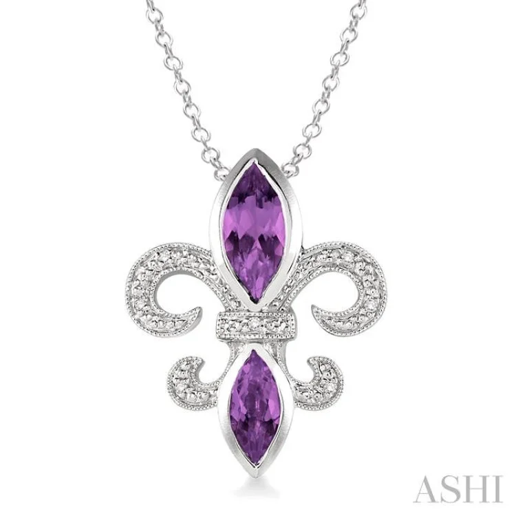 necklaces hypoallergenic metal -10x5 & 8x4 mm marquise cut Amethyst and 1/50 Ctw Single Cut Diamond Fleur De Lis Pendant in Sterling Silver with Chain