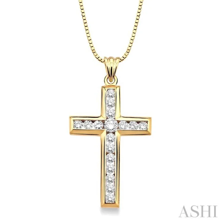 necklaces with feather pendant -1 Ctw Round Cut Diamond Cross Pendant in 14K Yellow Gold with Chain